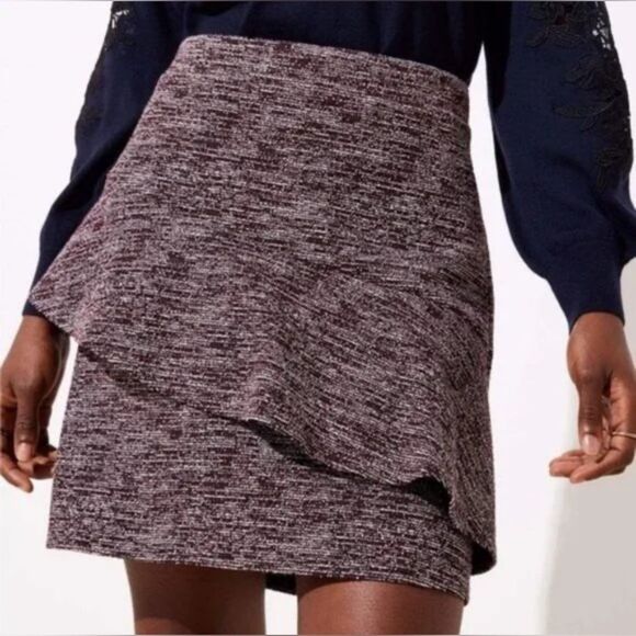 Loft S Women's Burgundy Tweed Ruffle Pull On Ruffle A Line Skirt - Picture 1 of 7